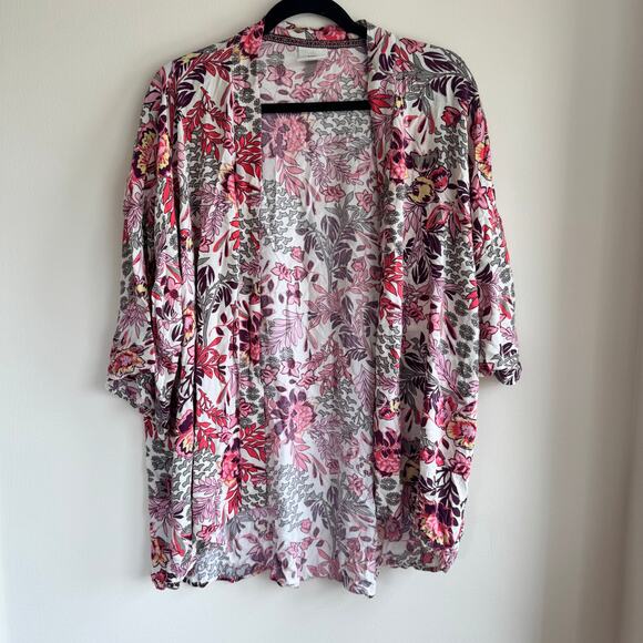 Knox Rose White PinkFloral Kimono Multi Open Front Half Sleeve Women Sz XL /XXL - Picture 1 of 5